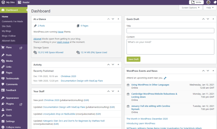 WordPress dashboard